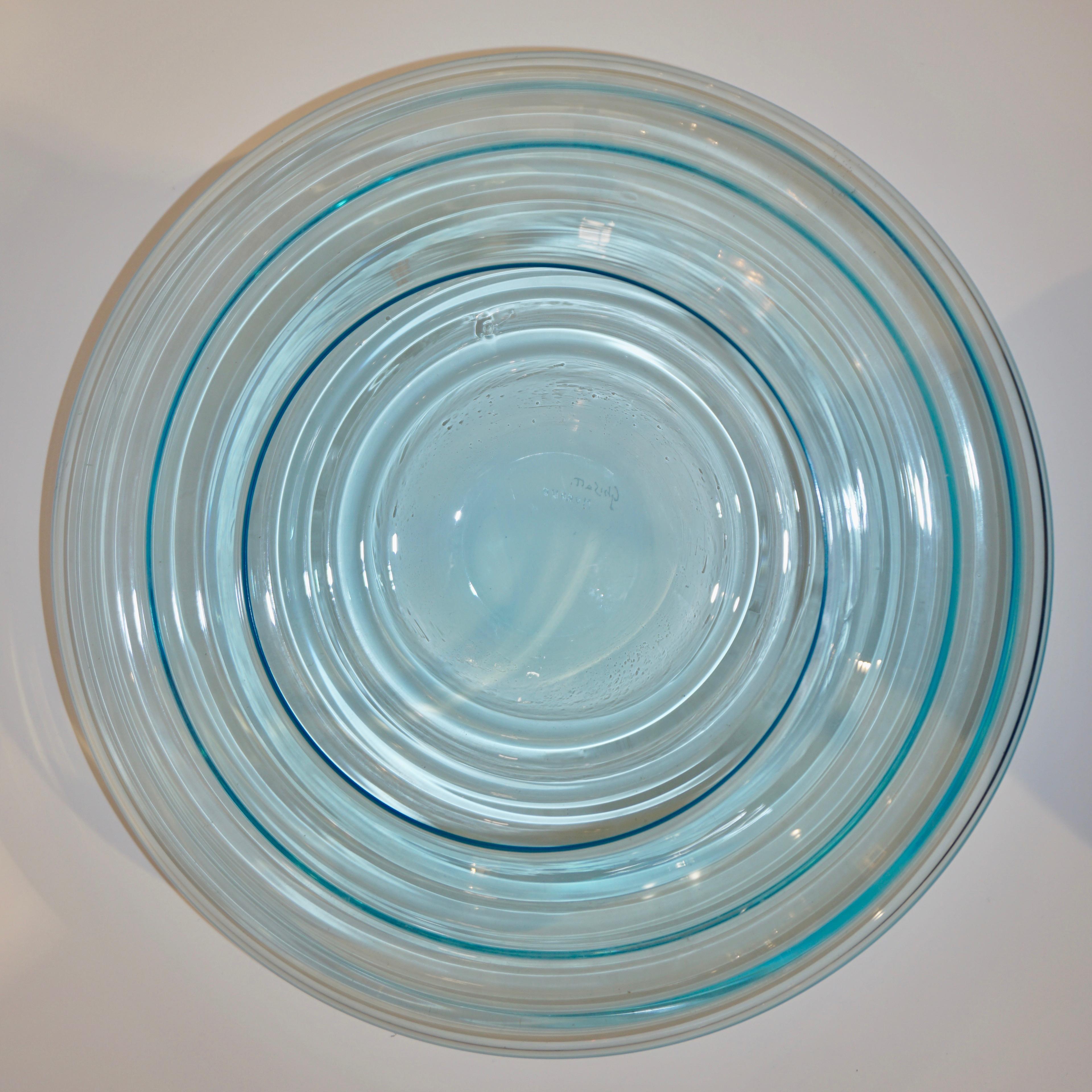 Hand-Crafted Giampaolo Ghisetti 1970s Vintage Round Aquamarine Blue Murano Glass Ribbed Bowl For Sale
