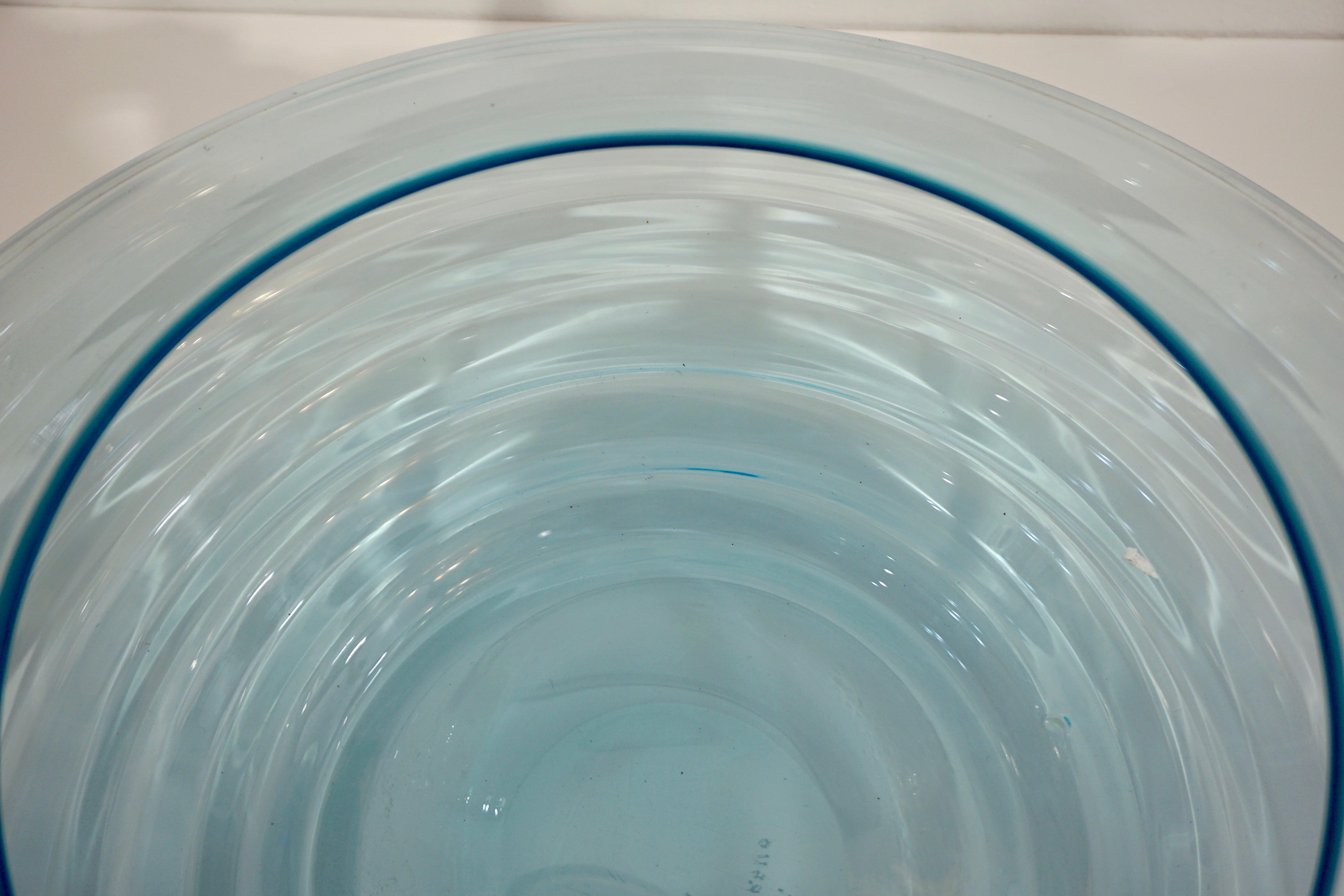 Giampaolo Ghisetti 1970s Vintage Round Aquamarine Blue Murano Glass Ribbed Bowl In Good Condition For Sale In New York, NY