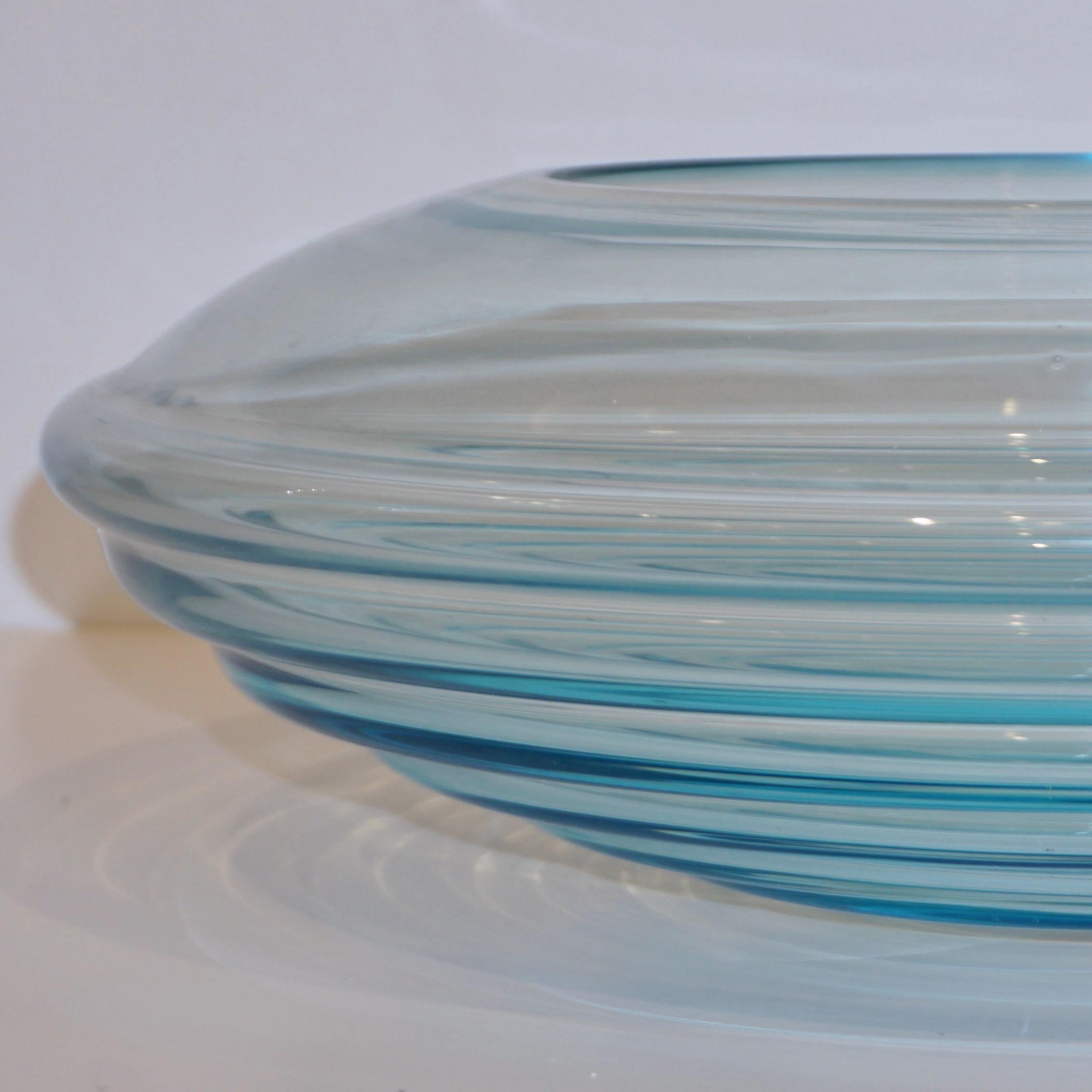 20th Century Giampaolo Ghisetti 1970s Vintage Round Aquamarine Blue Murano Glass Ribbed Bowl For Sale