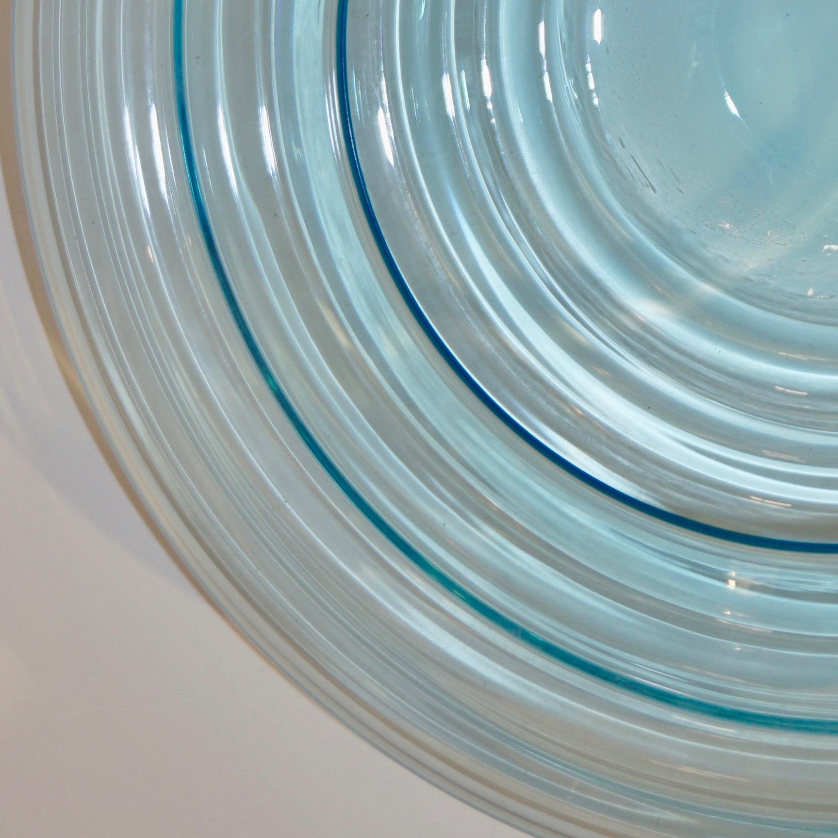 Giampaolo Ghisetti 1970s Vintage Round Aquamarine Blue Murano Glass Ribbed Bowl For Sale 1