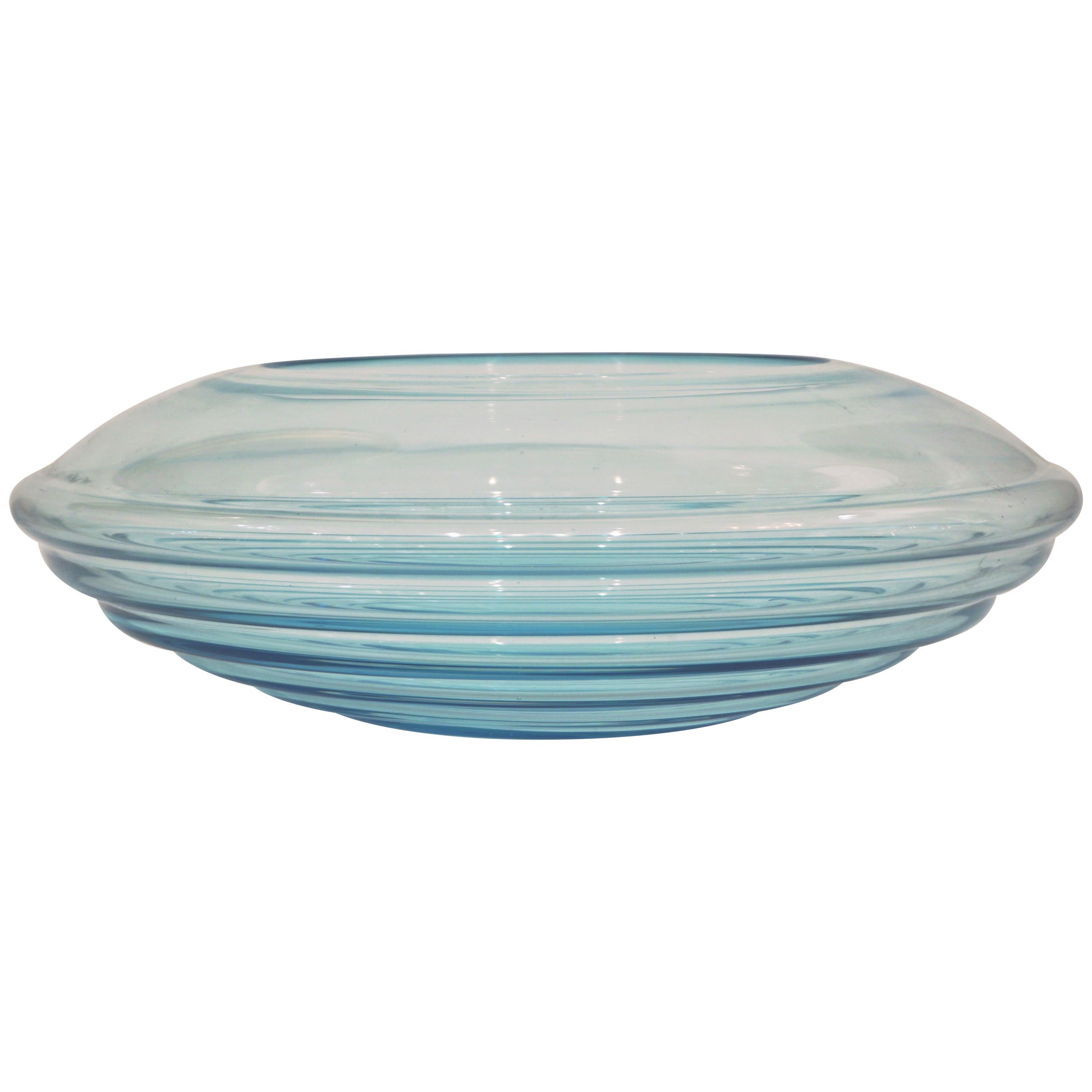 Giampaolo Ghisetti 1970s Vintage Round Aquamarine Blue Murano Glass Ribbed Bowl For Sale