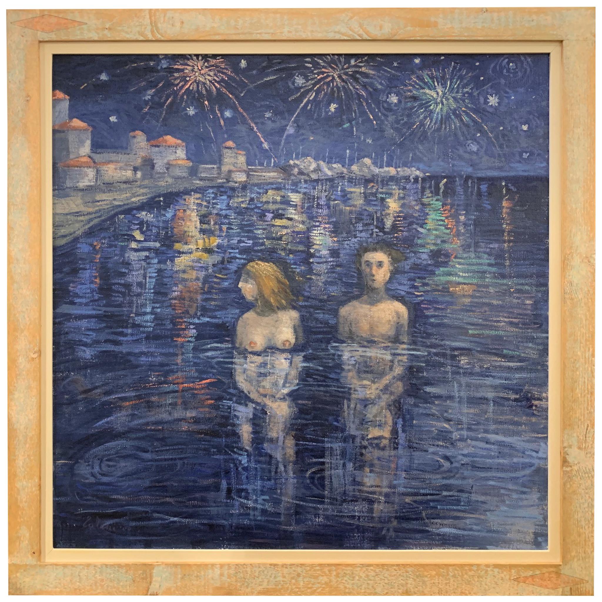 Nuit de la mi-août - Peinture de Giampaolo Talani sur les nus en mer en vente 5