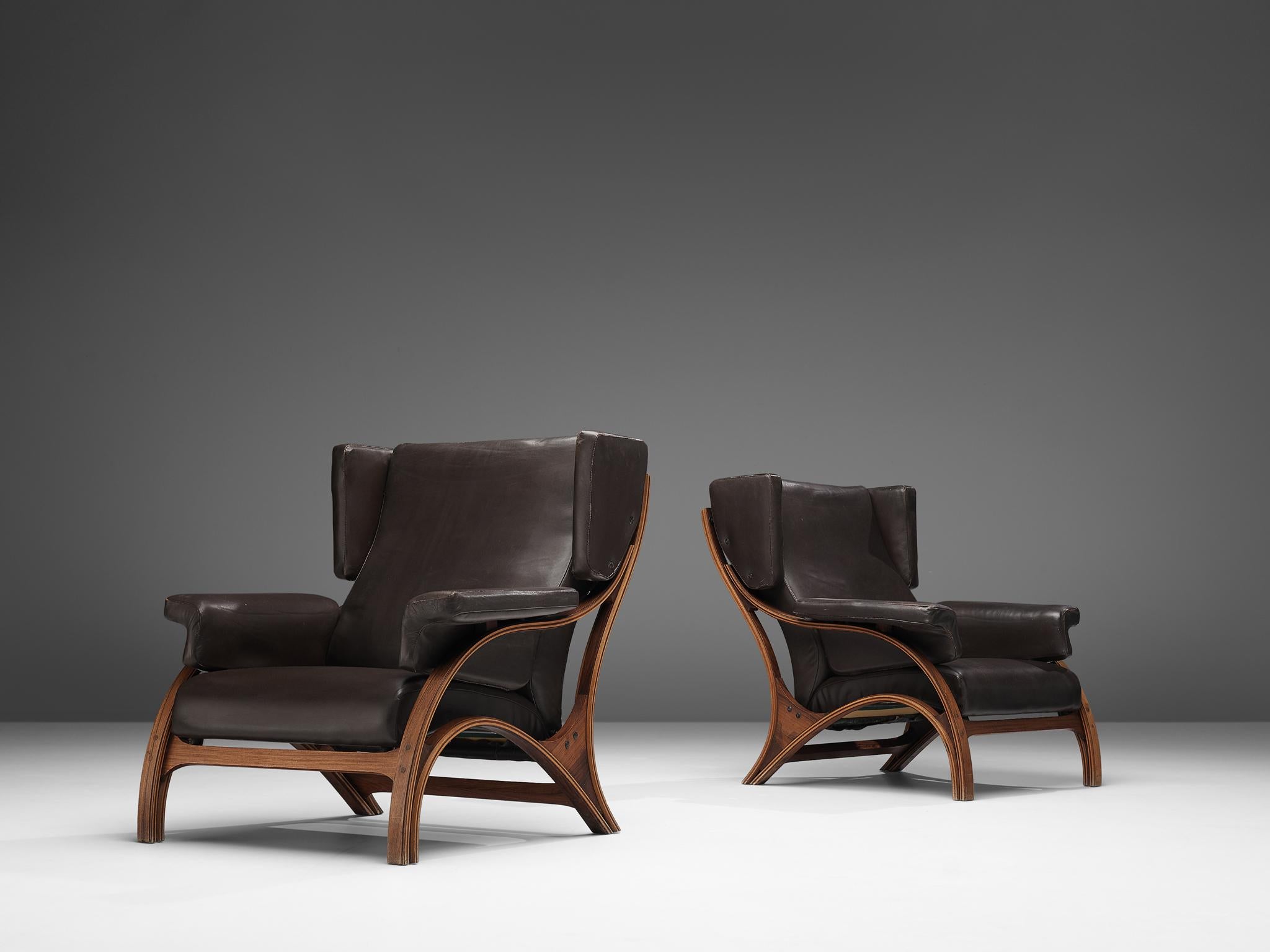 Italian Giampiero Vitelli Pair of Wingback Chairs in Brown Leather For Sale