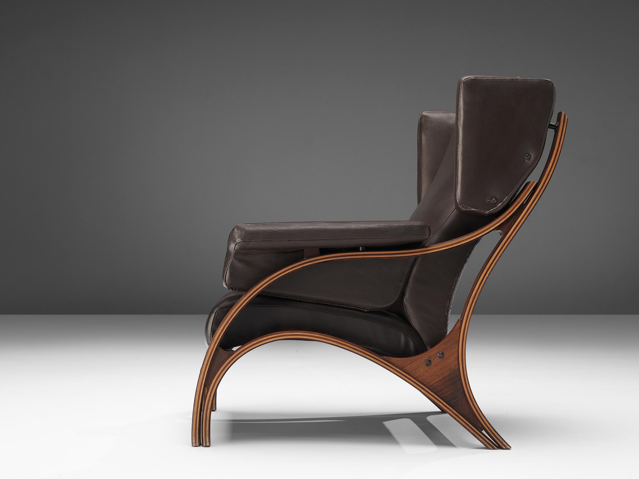 Plywood Giampiero Vitelli Wingback Chair in Brown Leather For Sale