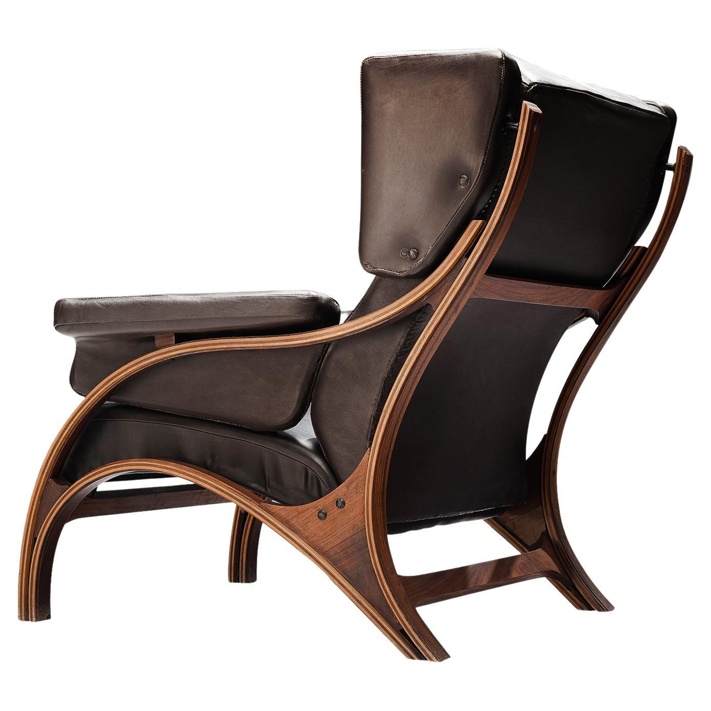 Giampiero Vitelli Wingback Chair in Brown Leather For Sale