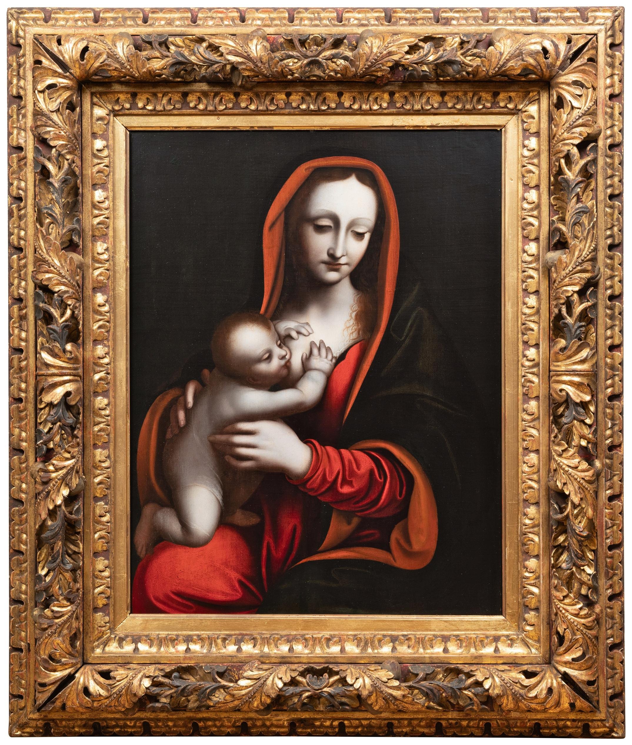 Virgin with Child,
studio of Giovanni Pietro Rizzoli, known as Giampietrino (active Milan 1495-1550)
Not signed
Oil on poplar panel, h. 63 cm (24.8 in), w. 49 cm (19.29 in)
Important 17th century Italian frame in gilded and painted wood, richly