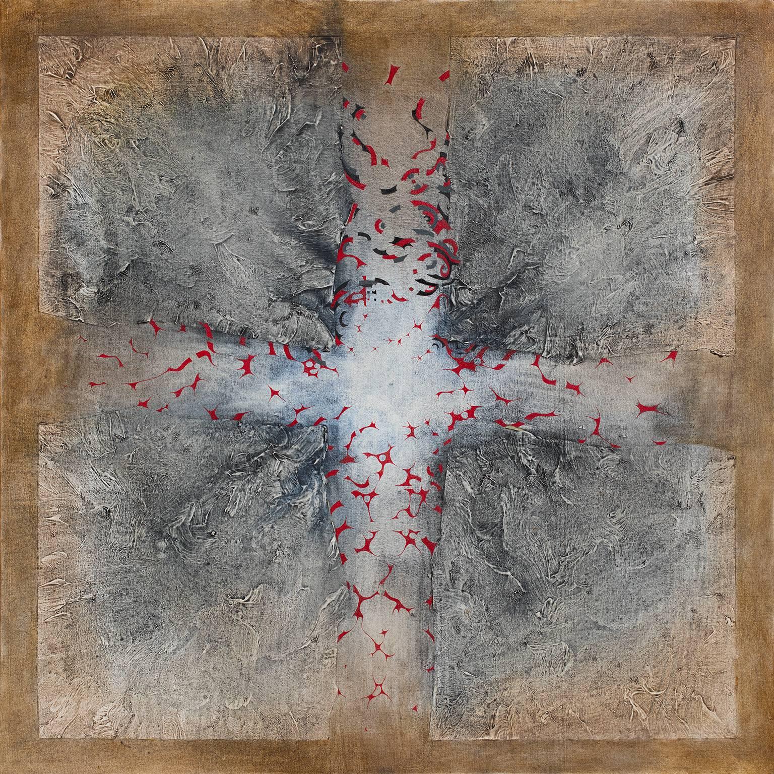 Gian Berto Vanni Abstract Painting - Magnetism - Square Abstract Geometric Oil Painting with Cross