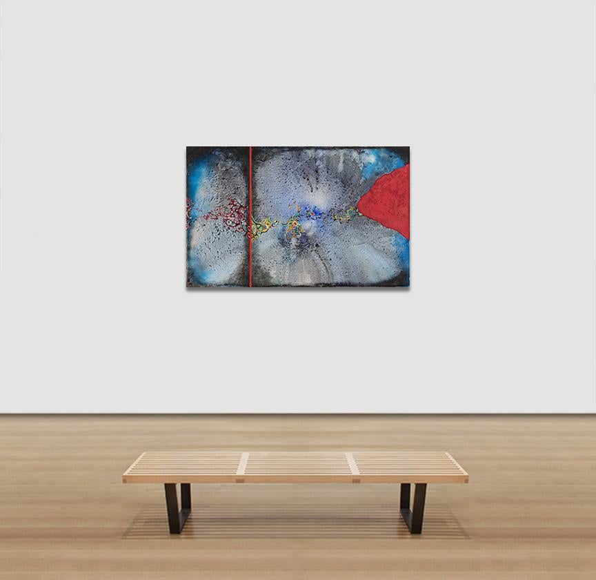 Osmosis - Blue and Red Horizontal Cosmic Oil Painting - Gray Abstract Painting by Gian Berto Vanni