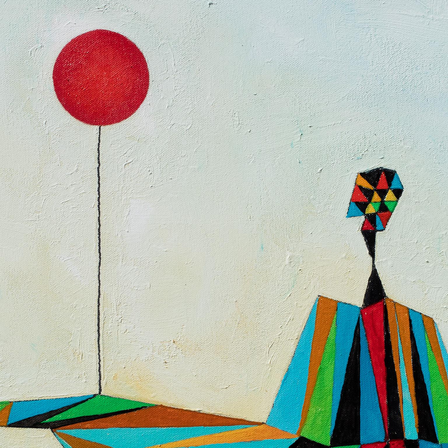 Sophisticated Lady on a Walk - Woman Walking a Red Balloon, Oil Paint, Geometry - Painting by Gian Berto Vanni