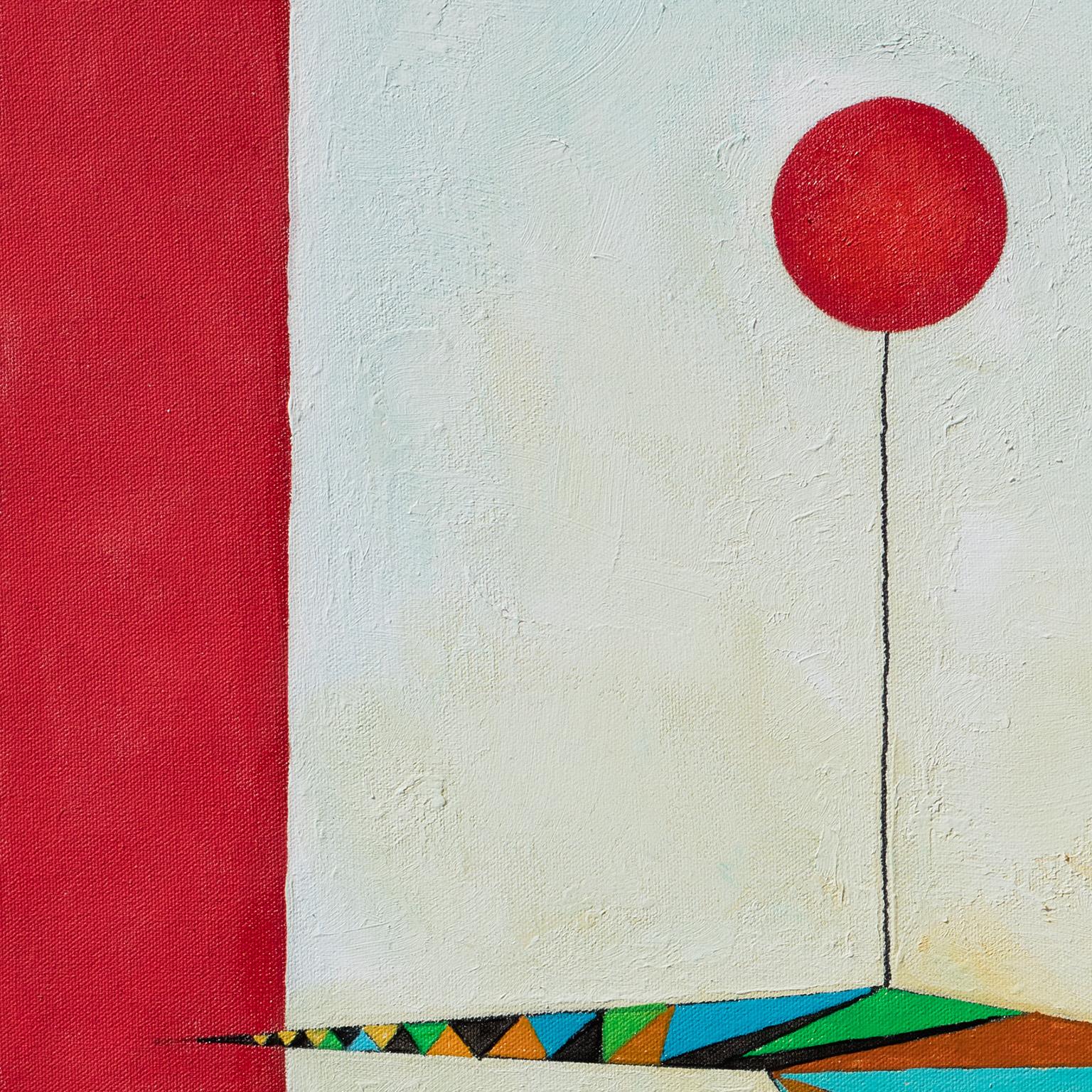 Lady on a Walk - Femme marchant sur un ballon rouge, peinture à l'huile, géométrie - Gris Figurative Painting par Gian Berto Vanni