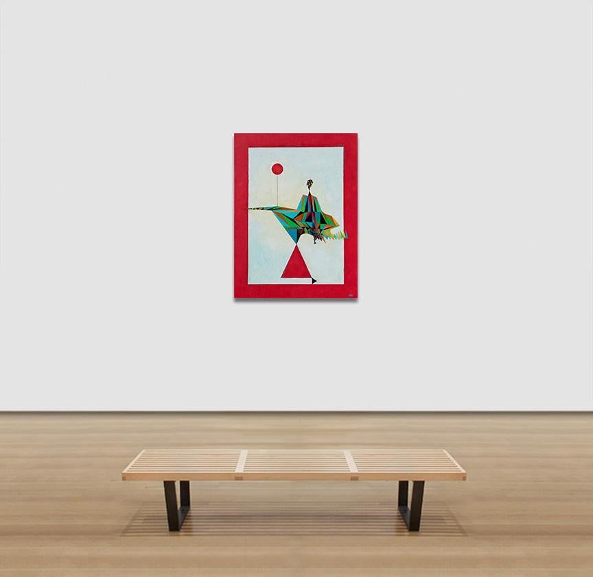 Lady on a Walk - Femme marchant sur un ballon rouge, peinture à l'huile, géométrie 1