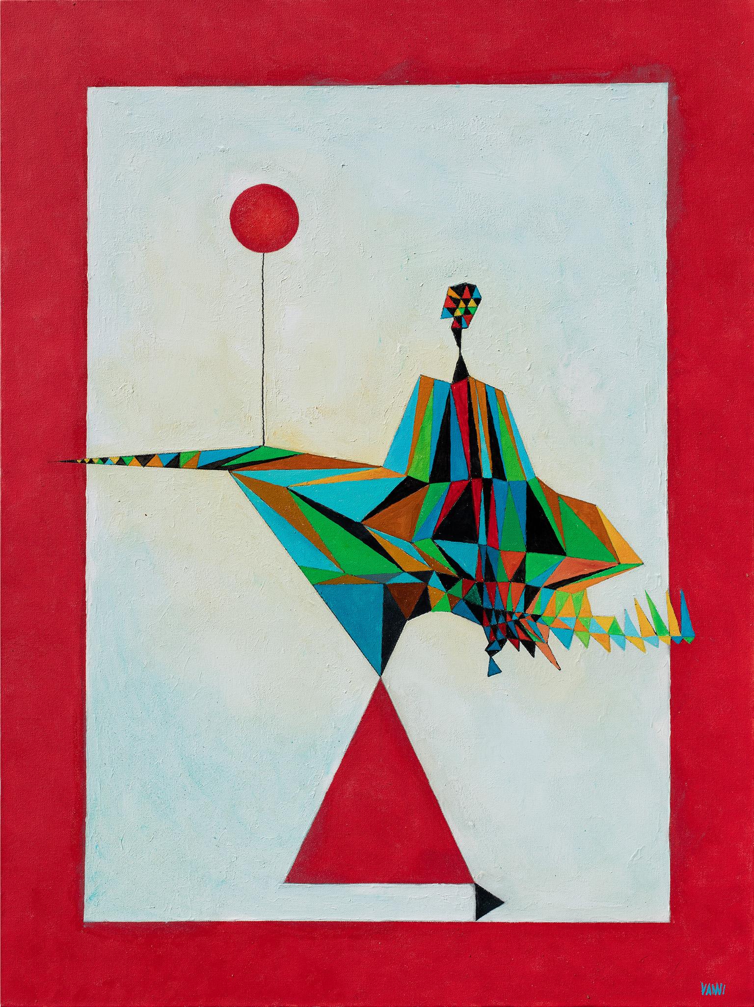 Gian Berto Vanni Figurative Painting – Raffinierte Dame auf einem Spaziergang - Frau, die einen roten Ballon läuft, Ölfarbe, Geometrie