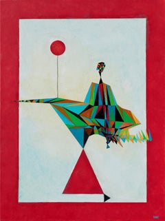 Sophisticated Lady on a Walk - Woman Walking a Red Balloon, Oil Paint, Geometry