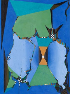 "Spaces in Space" - Blue and green geometric abstraction oil painting