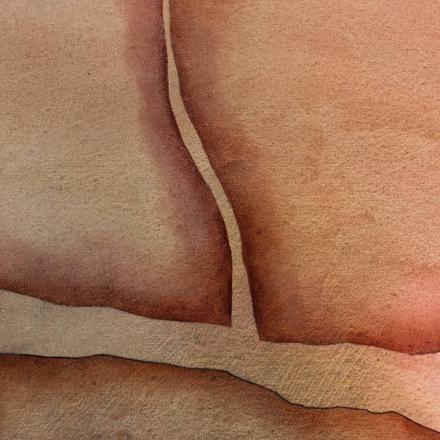 Gian Berto Vannis Sommerhitze ist ein 38 x 73 Zoll großes abstraktes Landschafts-Ölgemälde.  Die Hauptfarben sind lila, rosa und rot.
Die Komposition erweckt ein Bild zum Leben, das an geologische Formationen erinnert, wie man sie in Wüsten findet,
