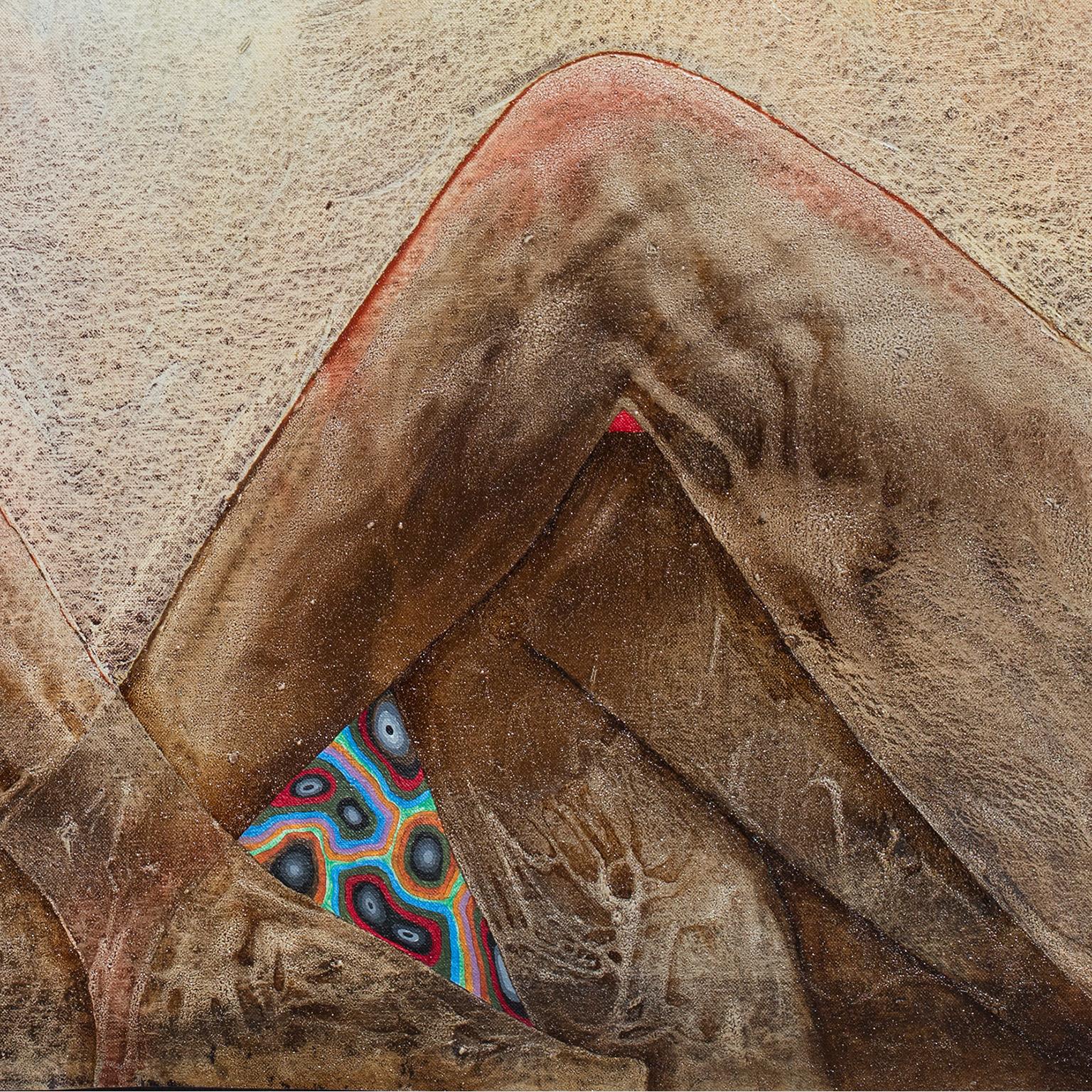 Dieses figurative surrealistische Ölgemälde auf Leinwand misst 52 x 64 Zoll. Die Grundfarben sind Erdtöne mit Akzenten in Rot und Blau. Die Körper von vier weiblichen Akten, die in einer spiegelnden Komposition sitzen, schaffen eine Öffnung über