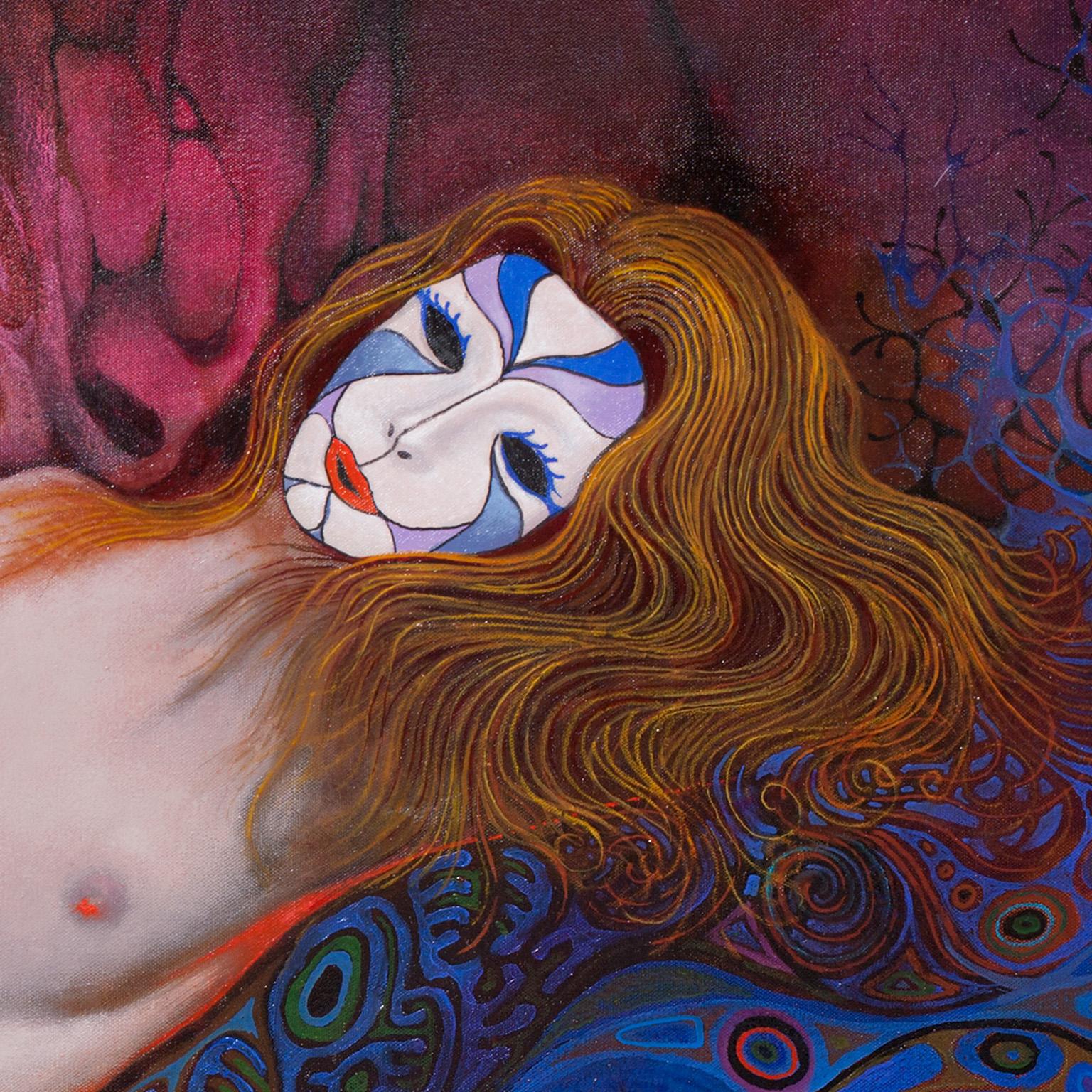 Zeus and Danae, perhaps - Nude of Greek Goddess with Blue Abstract Background  - Painting by Gian Berto Vanni