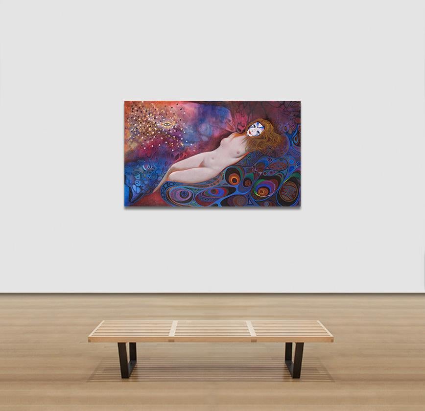 Zeus and Danae, perhaps - Nude of Greek Goddess with Blue Abstract Background - Black Nude Painting by Gian Berto Vanni