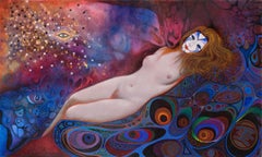 Zeus and Danae, perhaps - Nude of Greek Goddess with Blue Abstract Background
