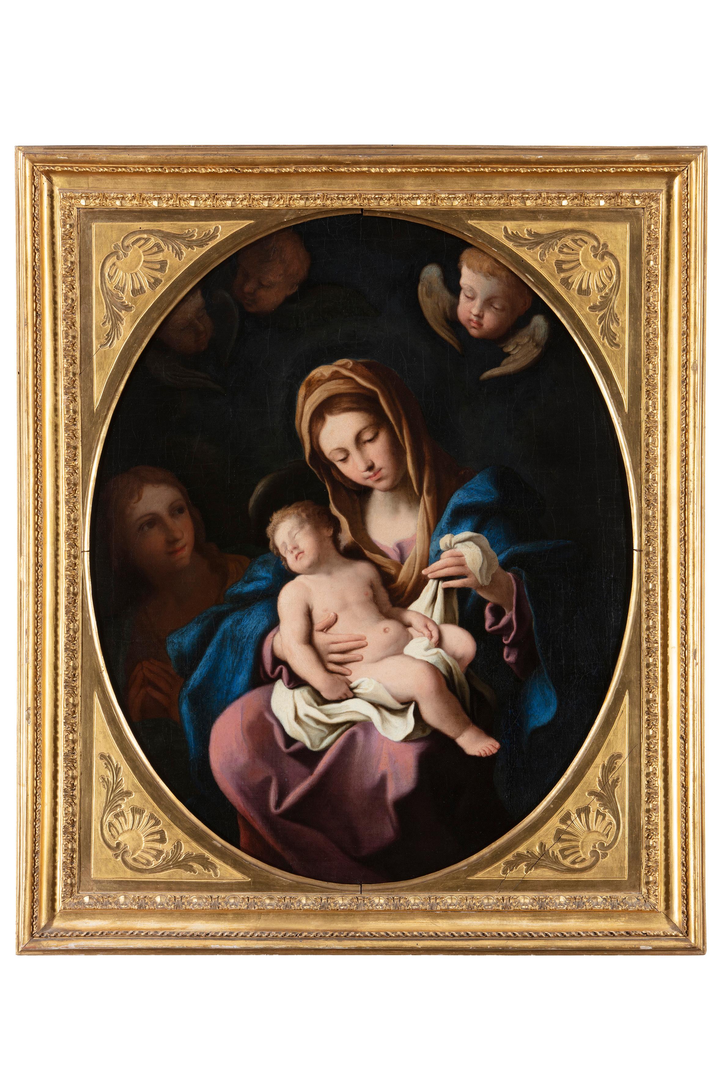 17th Century By Cerrini Virgin with the Child and angels Oil on Canvas