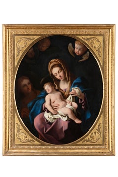 Antique 17th Century By Cerrini Virgin with the Child and angels Oil on Canvas