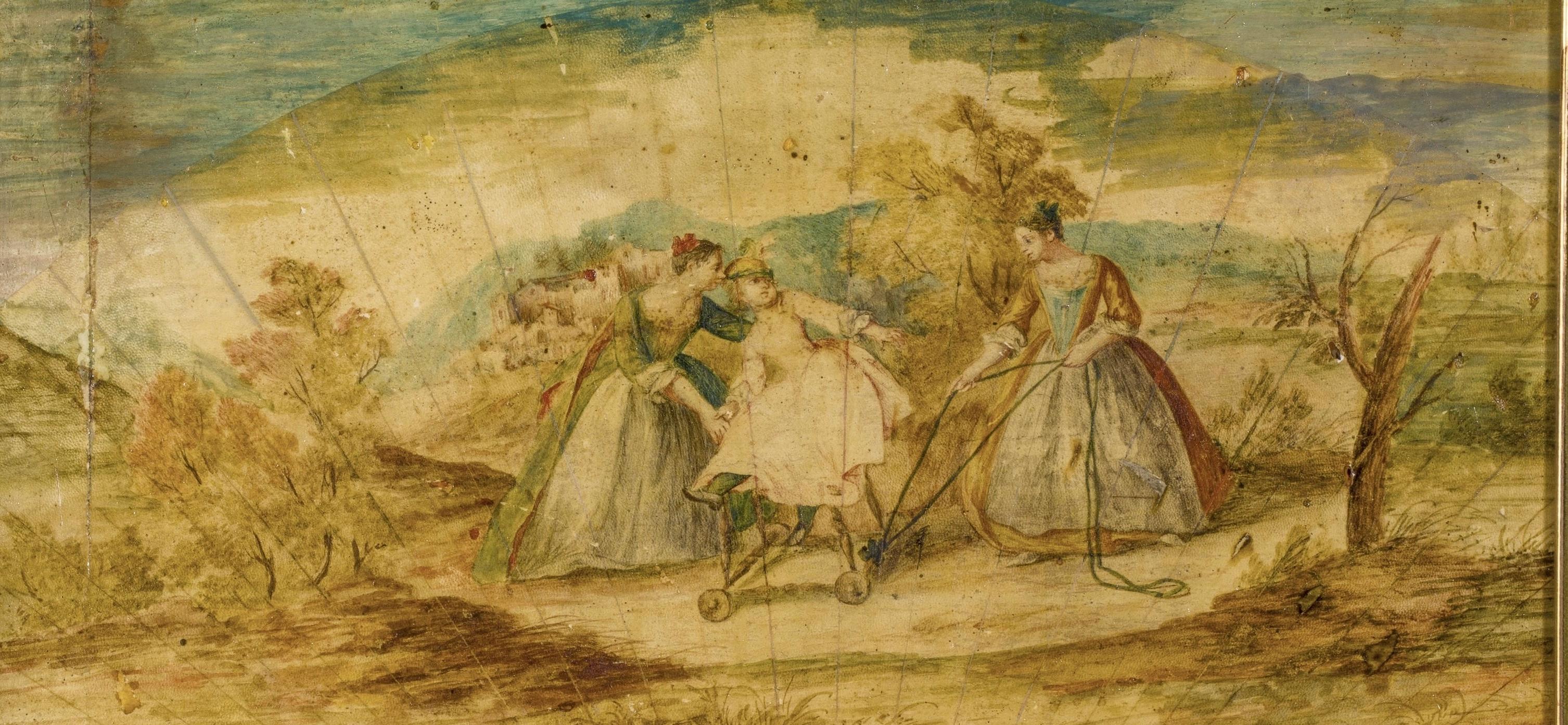 A beautiful and important painting fan-shaped on parchment produced by an 18th century Venetian artist from the circle of Gian Domenico Tiepolo.
It depicts with rare skill and refinement a genre scene typical of 18th century Venetian art.
The