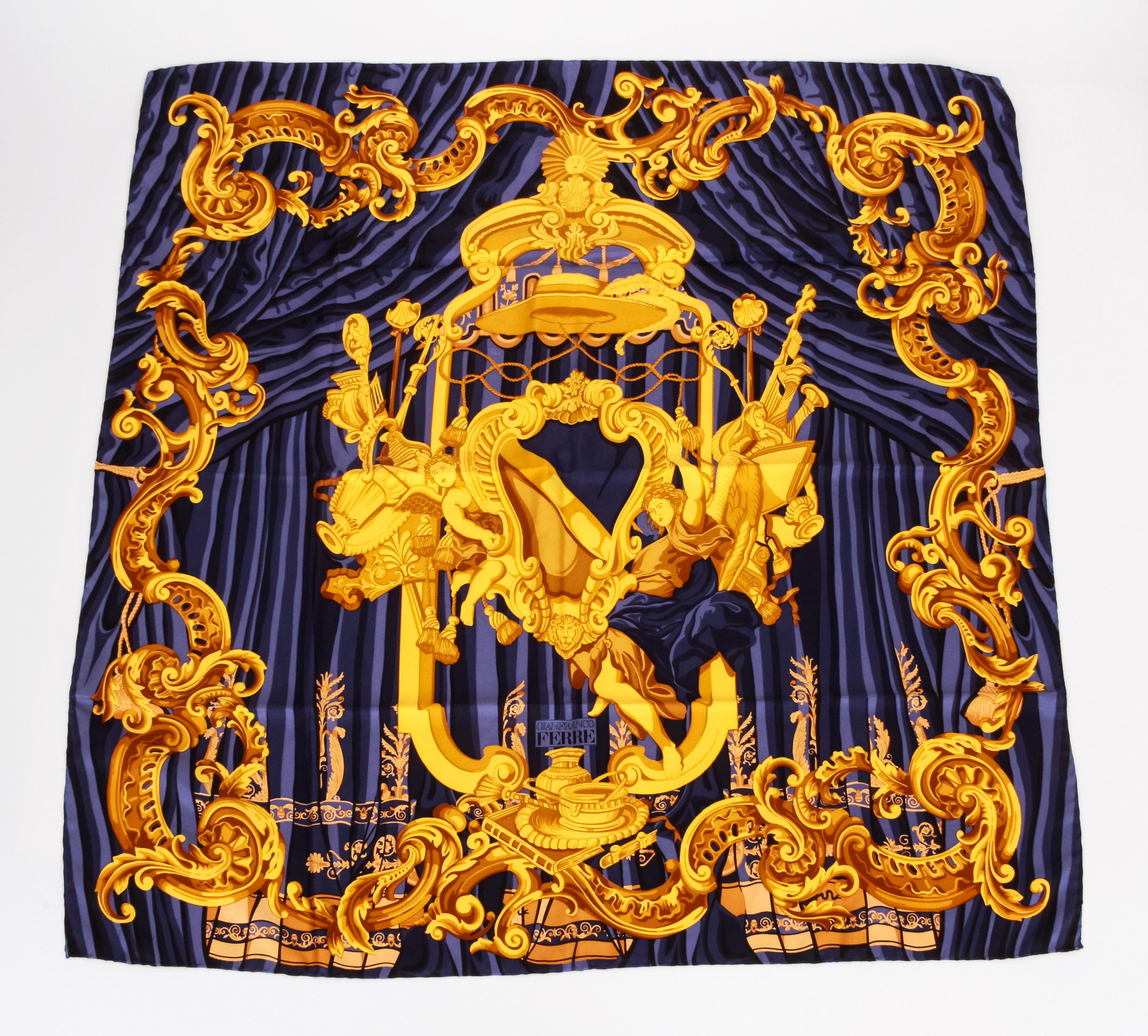 Gian Franco Ferre' rare and collectible 90s silk scarf. Gold an blue baroque design. Hand rolled edges.