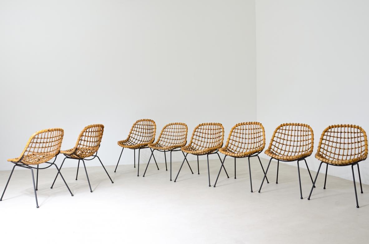 20th Century Gian Franco Legler, Splendid Set of 8 Curved Rattan Chairs For Sale