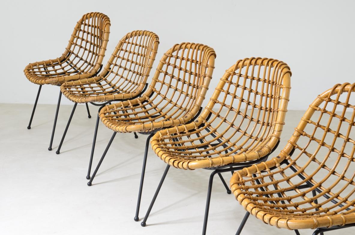Iron Gian Franco Legler, Splendid Set of 8 Curved Rattan Chairs For Sale