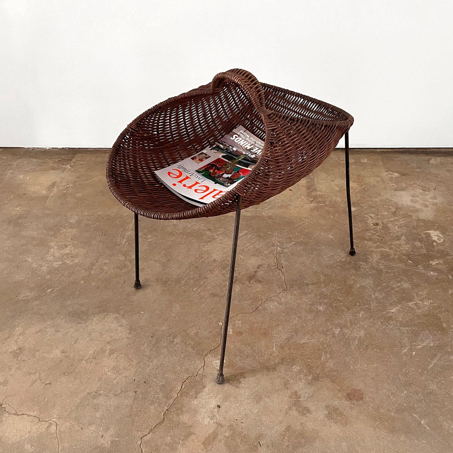 Gian Franco Legler wicker catch All Newspaper / Magazine Rack 
Circa, 1950’s 
Wicker and iron catch all or magazine basket 
Sculptural piece 
Beautiful form and function.