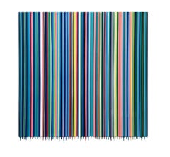 "True to Form" Horizontal Blue Stripe Colorful Contemporary Drip Painting