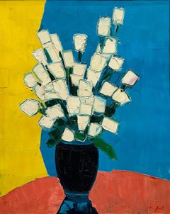 "White Roses in Vase" Mid-Century Abstract Floral Oil Painting on Canvas Framed