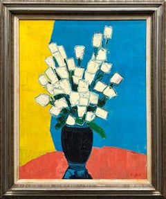 "Bodegón Abstracto" Pintura al Óleo Floral Colorista de Mediados de Siglo sobre Lienzo Enmarcada
