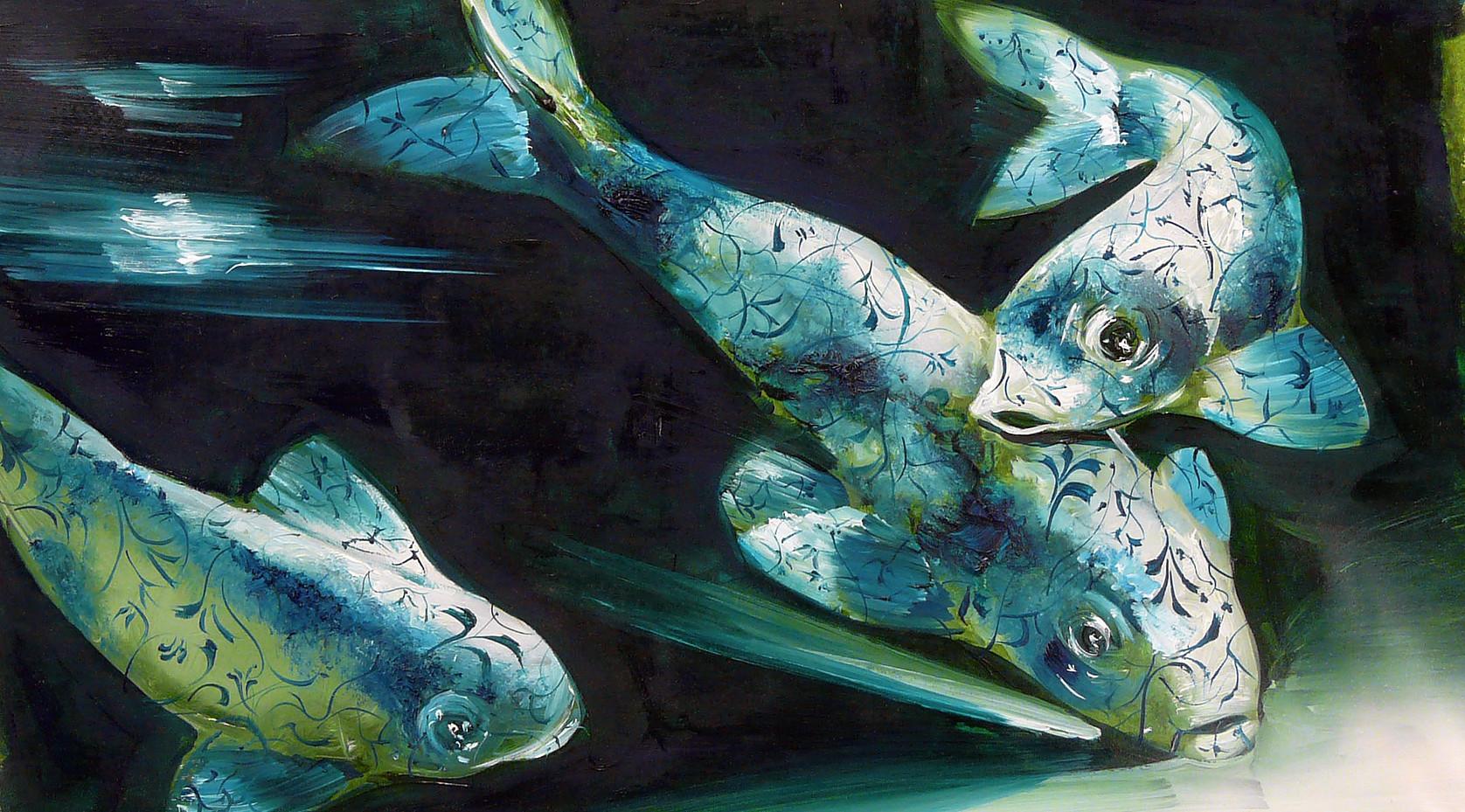 Abyss 3A - contemporary and classic painting, elegant and strong fish subject 