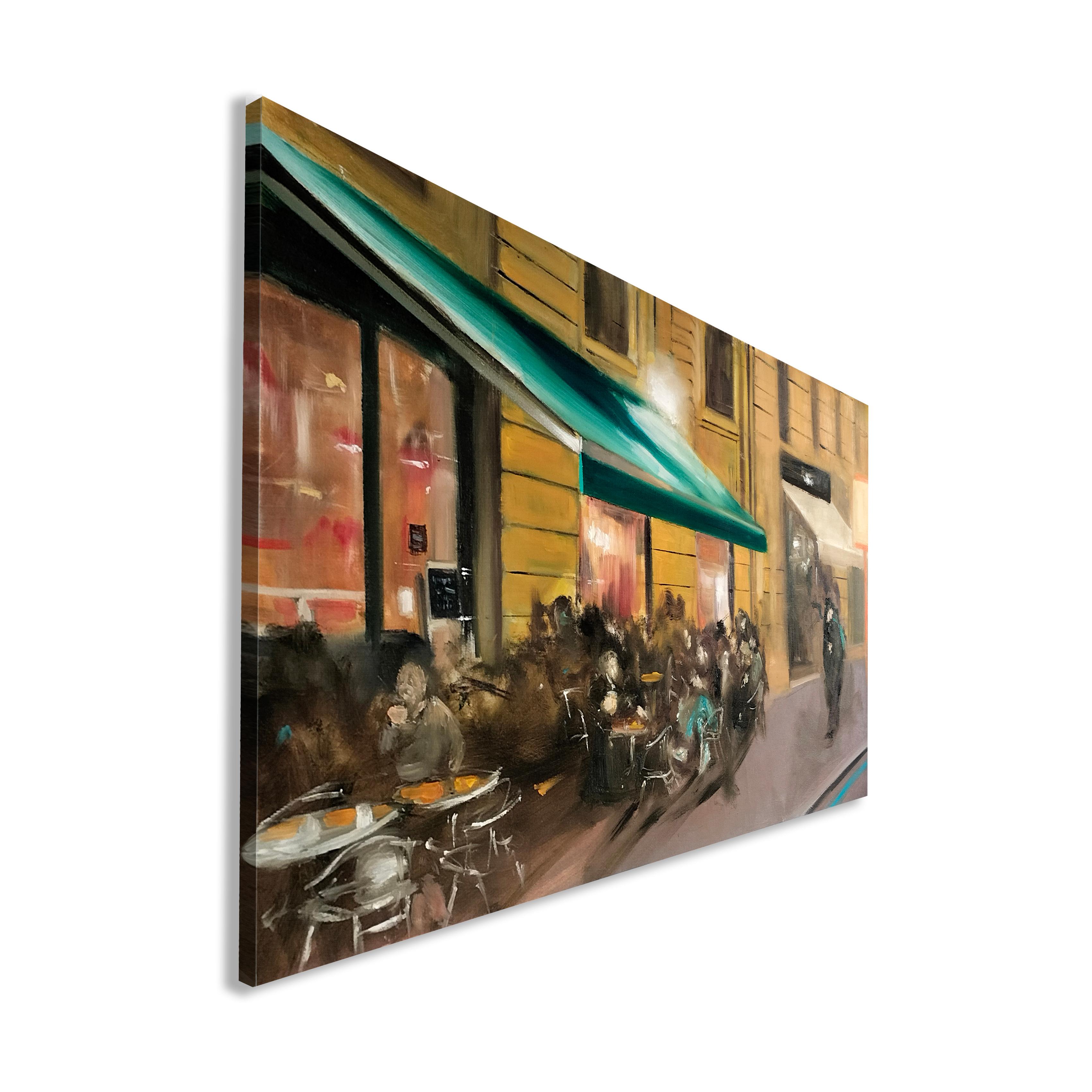 Cape Townes Cafe - Scène de ville contemporaine et mystique, Huile sur toile - Painting de Gian Marco Capraro