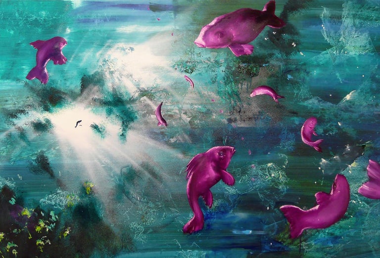 Gian Marco Capraro Landscape Painting - Leibniz Universe 10U - Contemporary and colorful underwater scene, Oil on canvas
