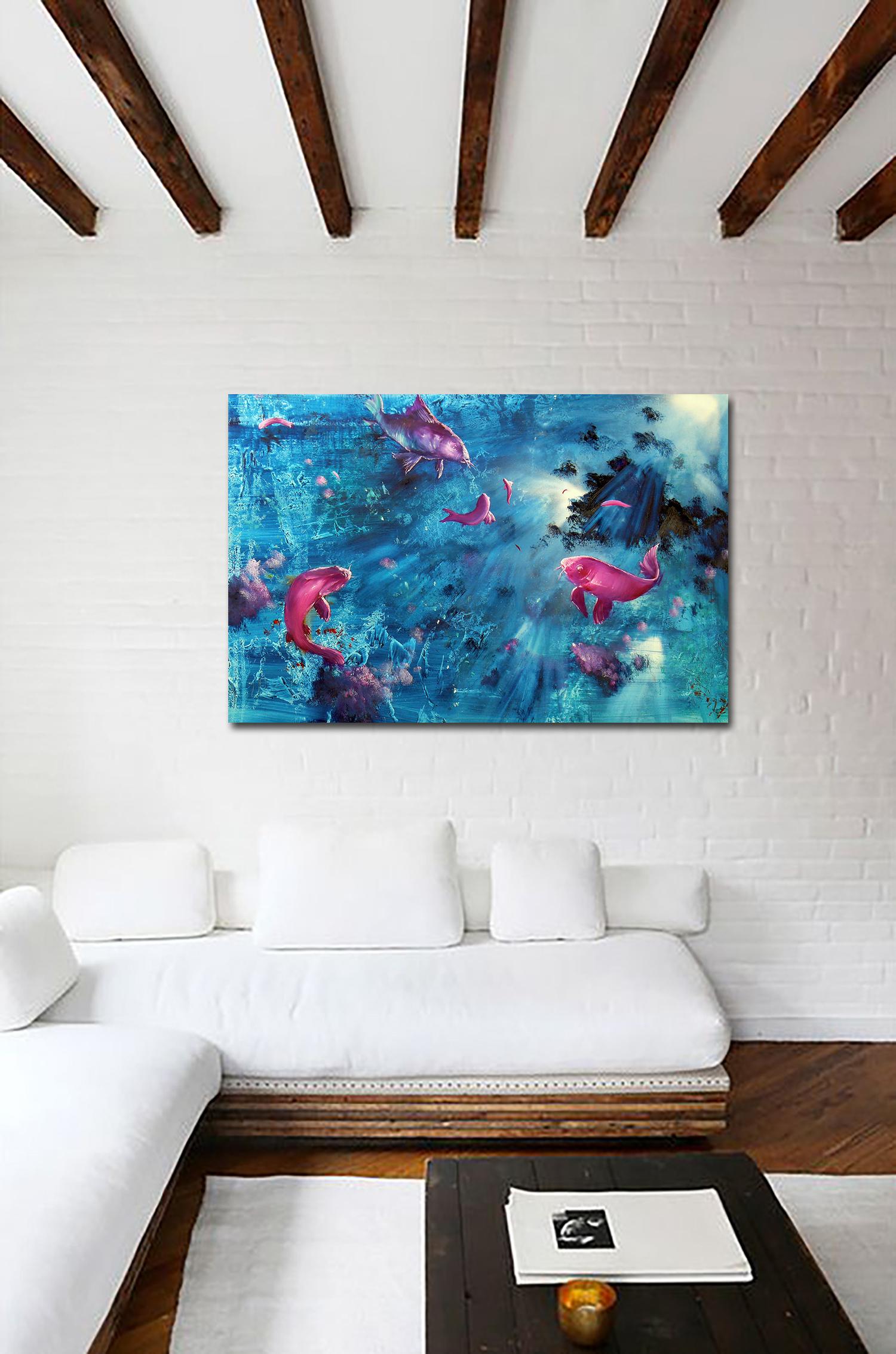 Leibniz Universe 13U - Contemporary and colorful underwater scene, Oil on canvas - Painting by Gian Marco Capraro