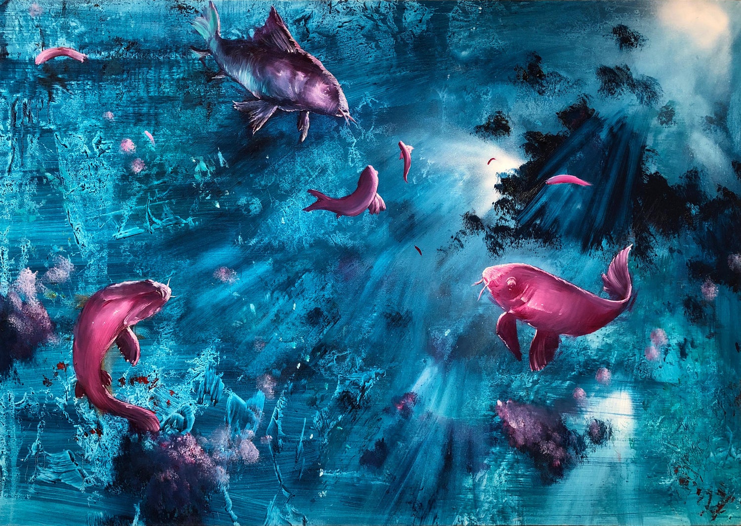 Gian Marco Capraro - Leibniz Universe 13U - Contemporary and colorful  underwater scene, Oil on canvas For Sale at 1stDibs