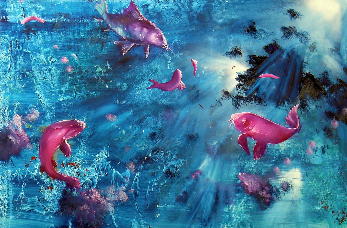 Gian Marco Capraro Animal Painting - Leibniz Universe 13U - Contemporary and colorful underwater scene, Oil on canvas