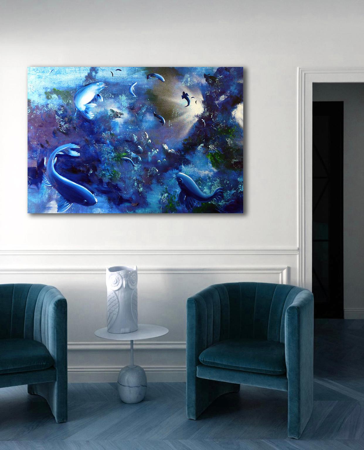 Leibniz Universe 1U - Contemporary and colorful underwater scene, Oil on canvas - Painting by Gian Marco Capraro