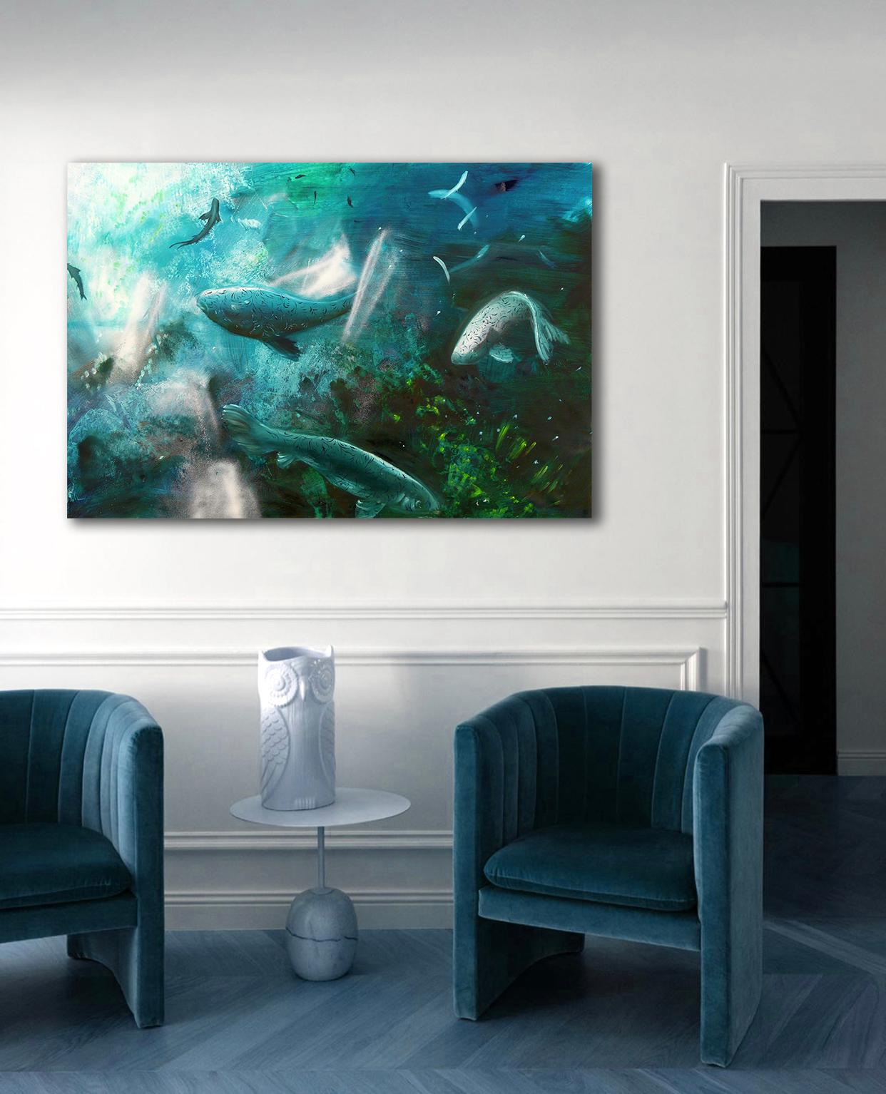 Leibniz Universe 3U - Contemporary and colorful underwater scene, Oil on canvas - Painting by Gian Marco Capraro