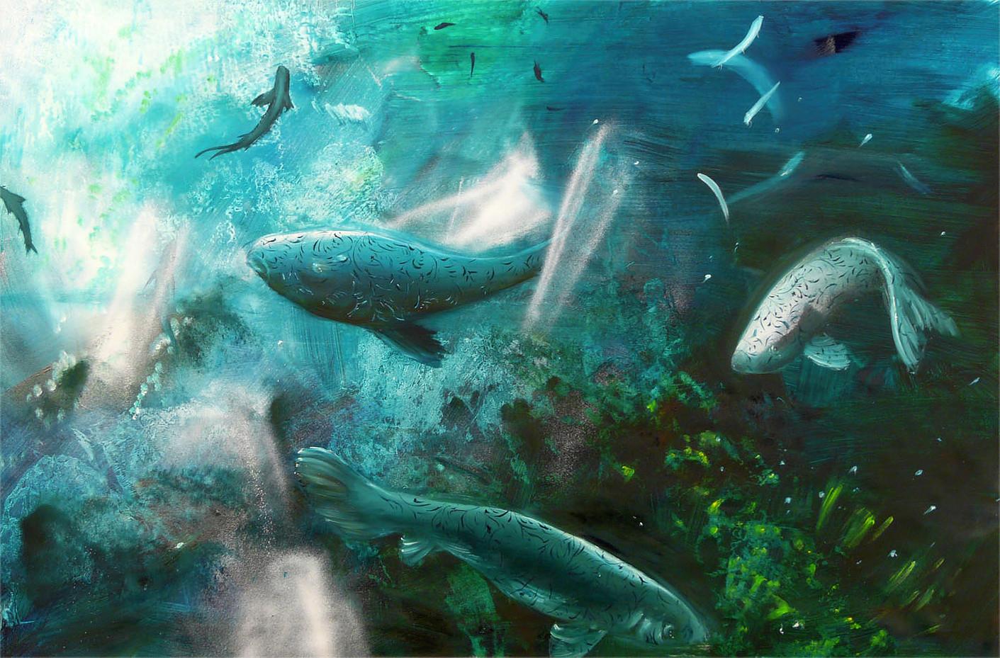 Gian Marco Capraro Animal Painting – Leibniz Universe 3U - Zeitgenössische und farbenfrohe Unterwasserszene, Öl auf Leinwand