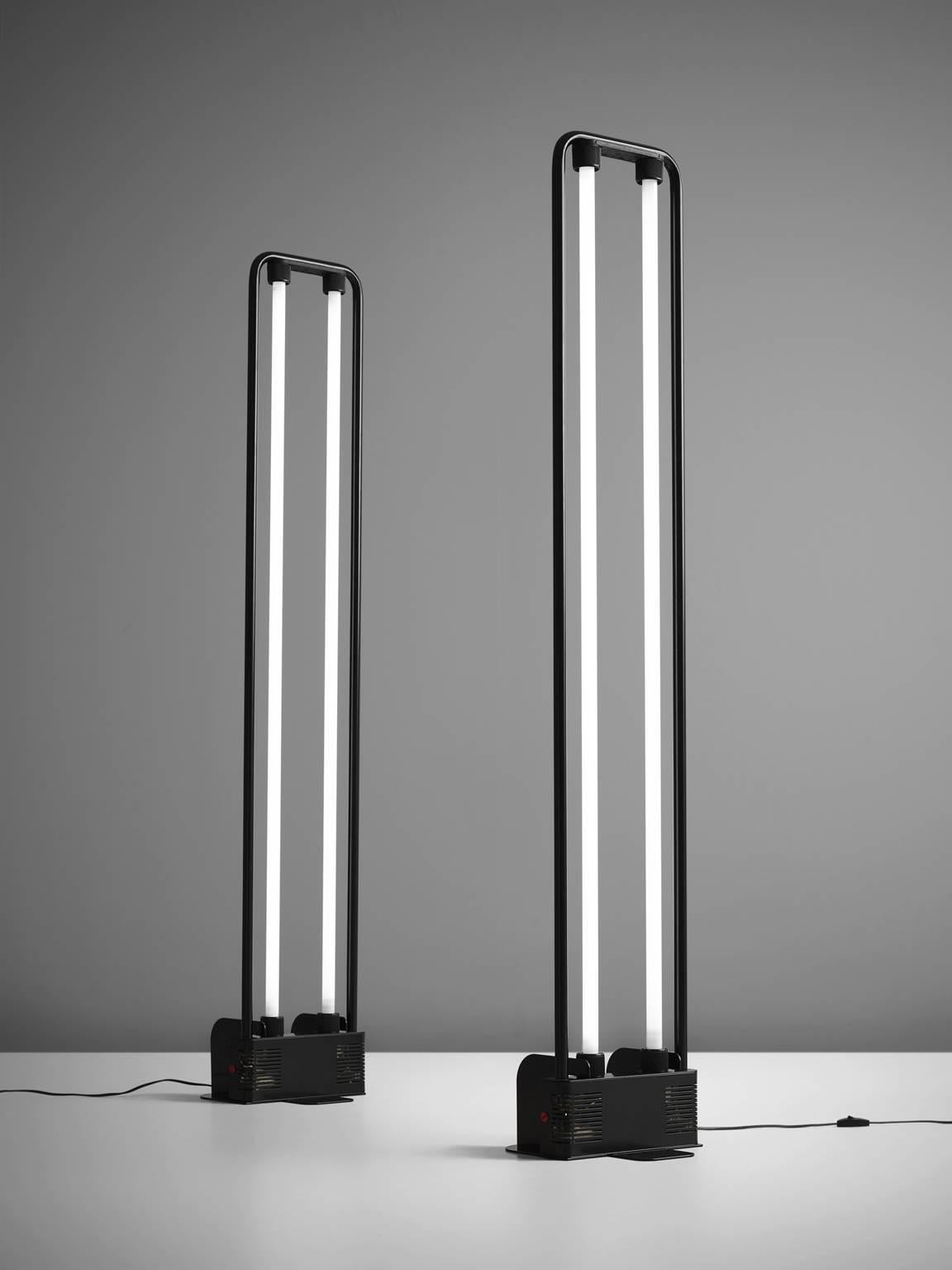 Gian Nicola Gigante for Zerbetto, pair of floor lamps, black coated metal and glass, Italy, 1980s. 

These Postmodern floor lamps are designed by Italian designer Gian Nicola Gigante. Gigante is known for his fluorescent floor lamps. These lights