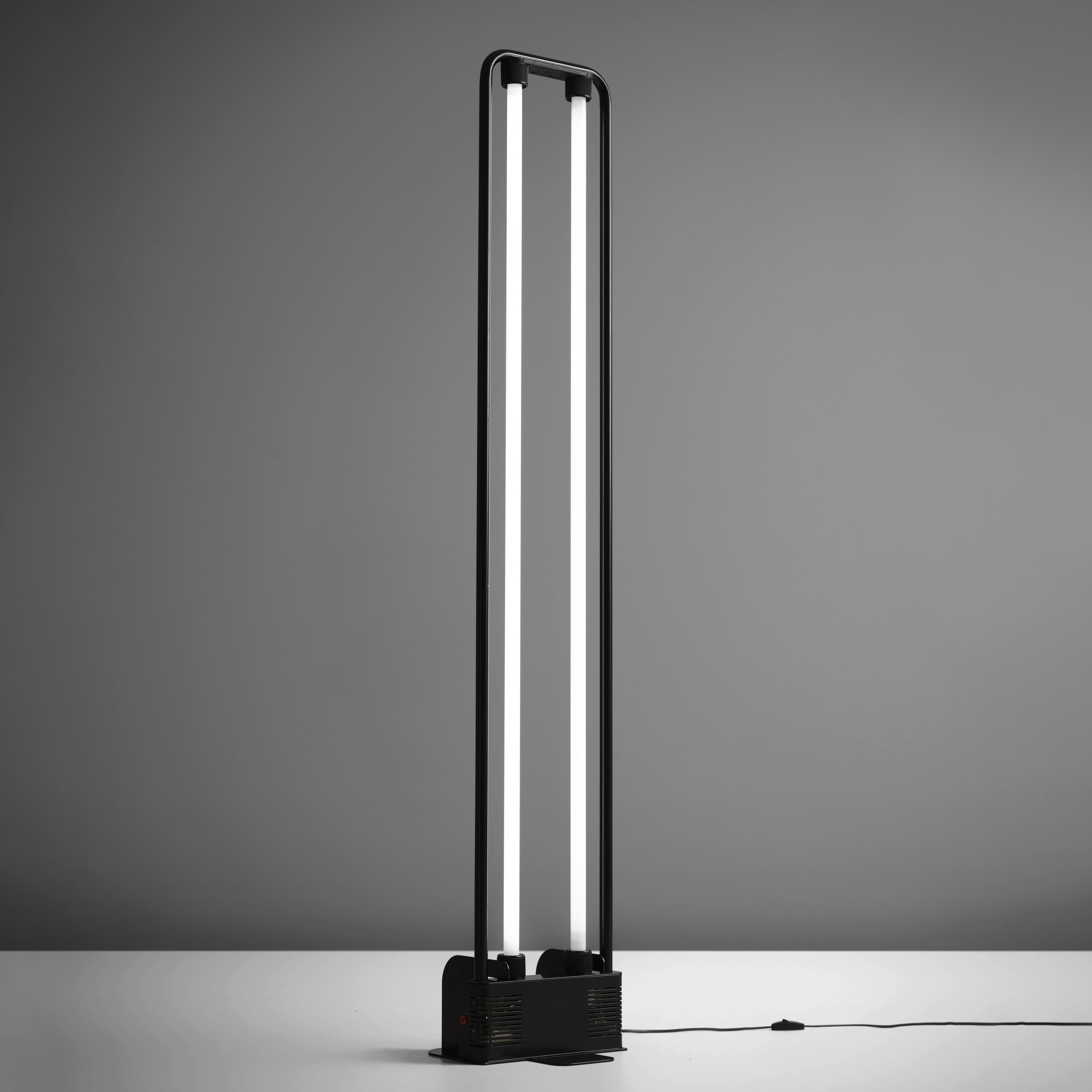 Gian Nicola Gigante for Zerbetto, floor lamp, black coated metal, glass, Italy, 1980s. 

This Postmodern floor lamp is designed by Italian designer Gian Nicola Gigante. Gigante is known for his fluorescent floor lamps. This light is simplistic and