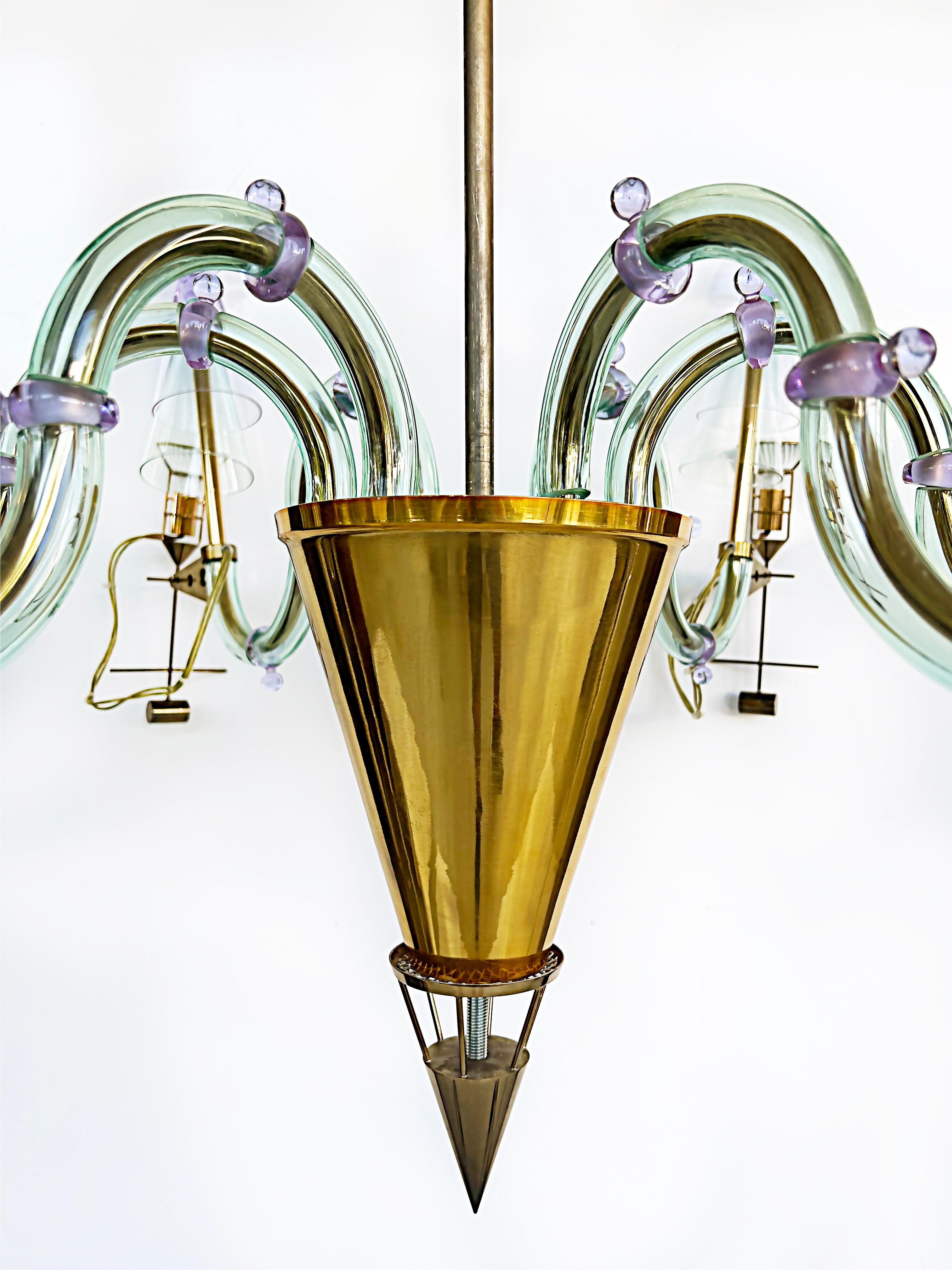 Gian Paolo Canova, Carlo Moretti Murano Glass Chandelier in Brass, 6 Lights 

Offered for sale is a rare and important 