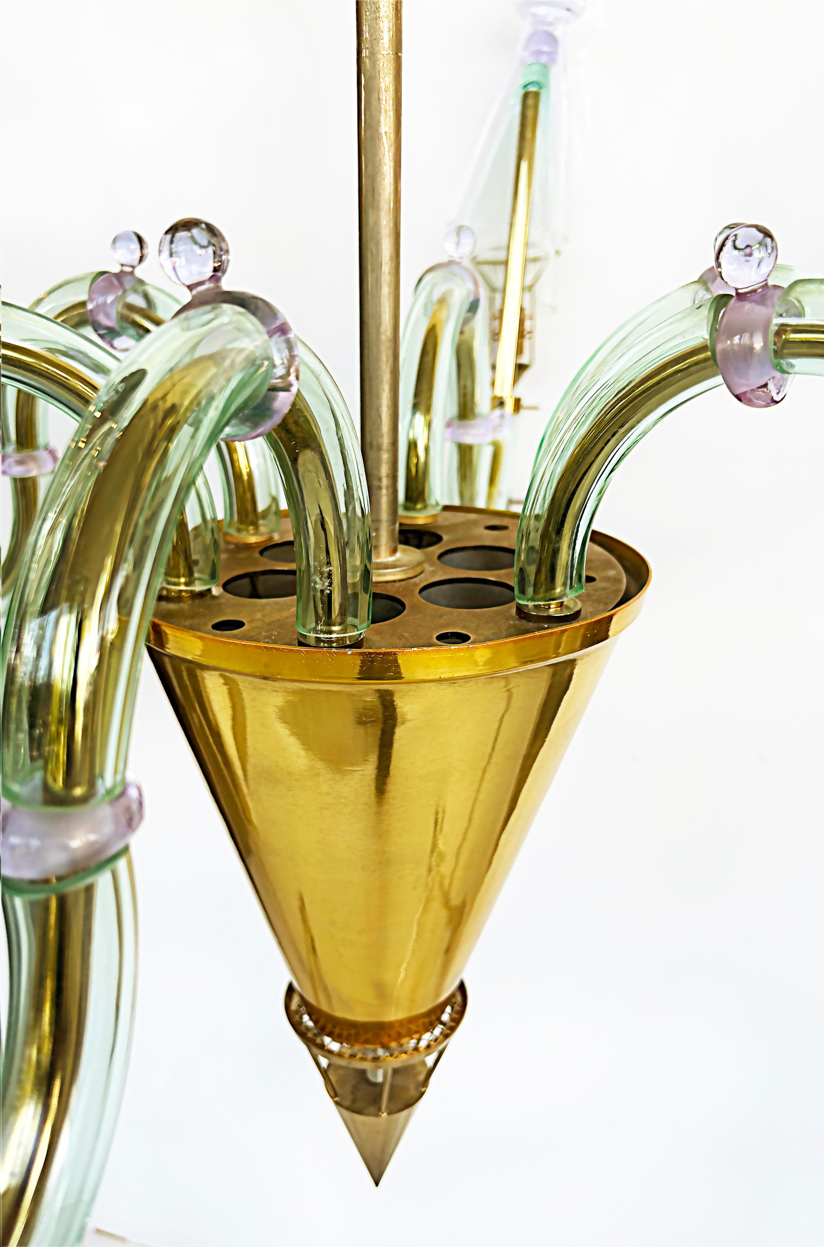 Italian Gian Paolo Canova, Carlo Moretti Murano Glass Chandelier in Brass, 6 Lights  For Sale