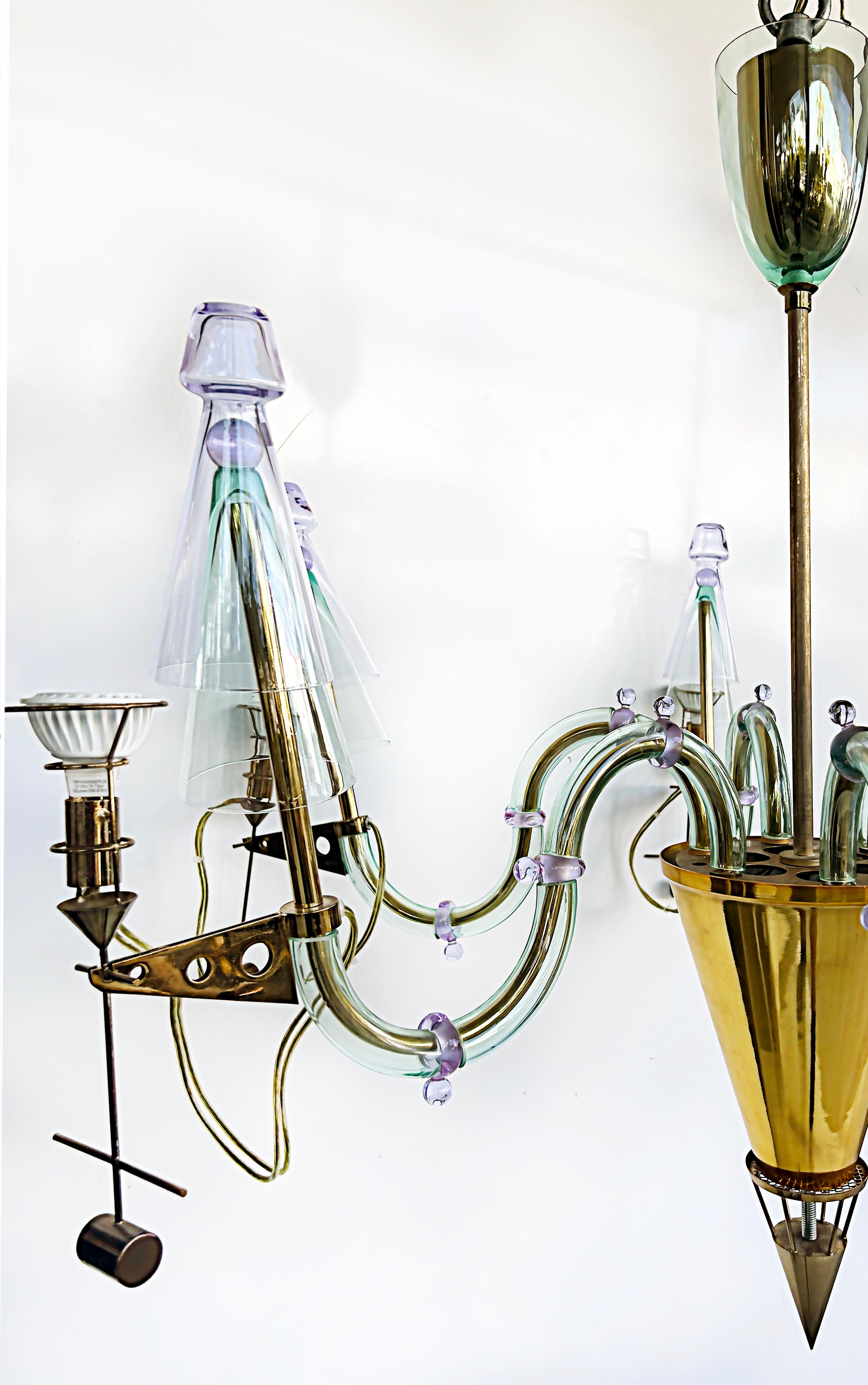Gian Paolo Canova, Carlo Moretti Murano Glass Chandelier in Brass, 6 Lights  In Good Condition For Sale In Miami, FL