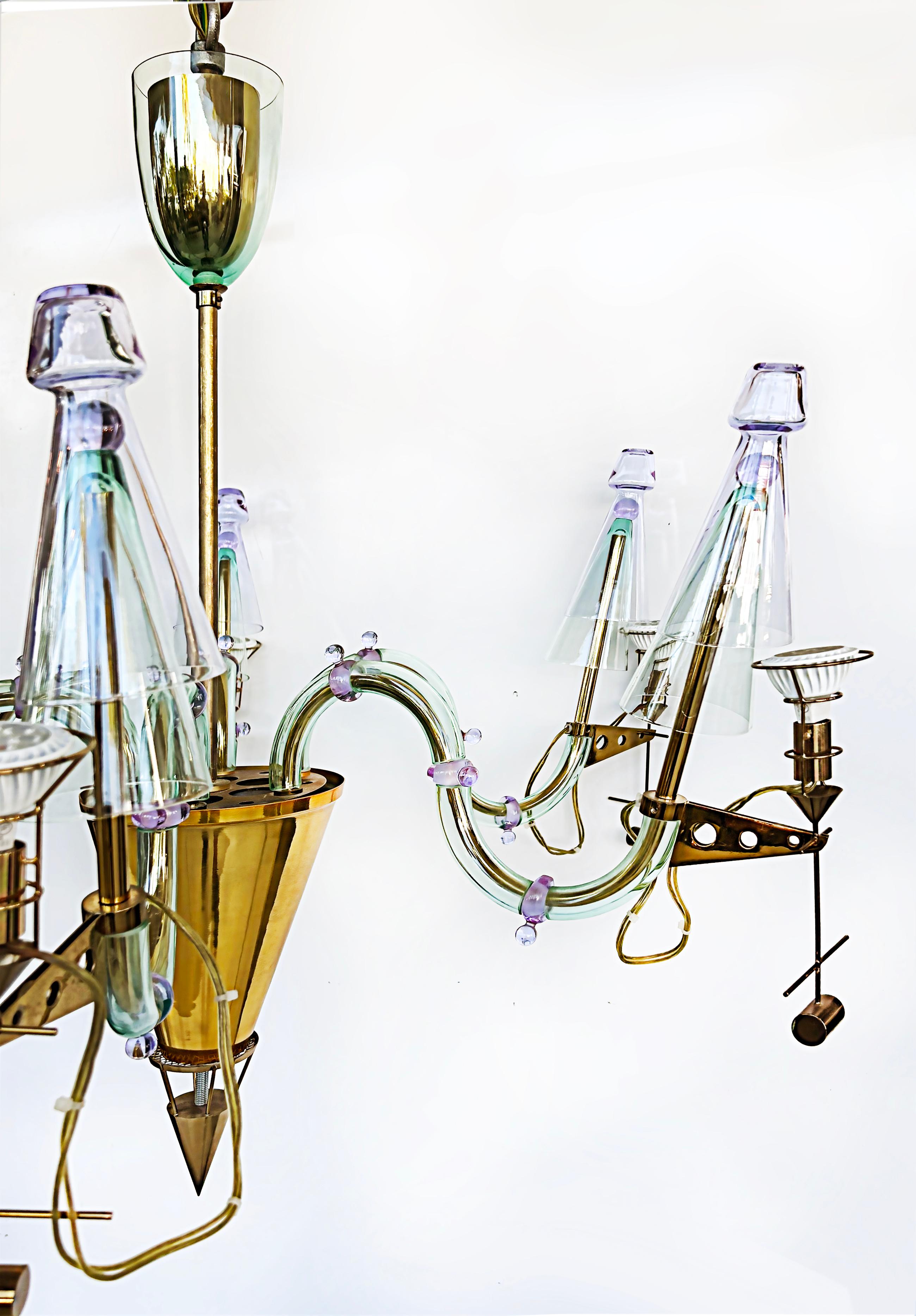 20th Century Gian Paolo Canova, Carlo Moretti Murano Glass Chandelier in Brass, 6 Lights  For Sale
