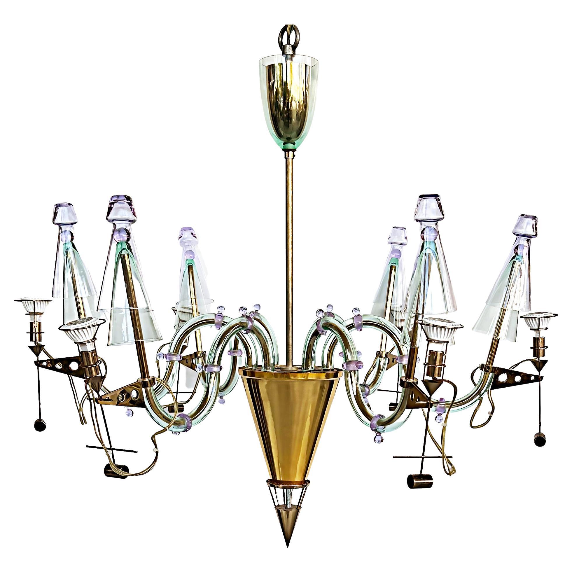 Gian Paolo Canova, Carlo Moretti Murano Glass Chandelier in Brass, 6 Lights 