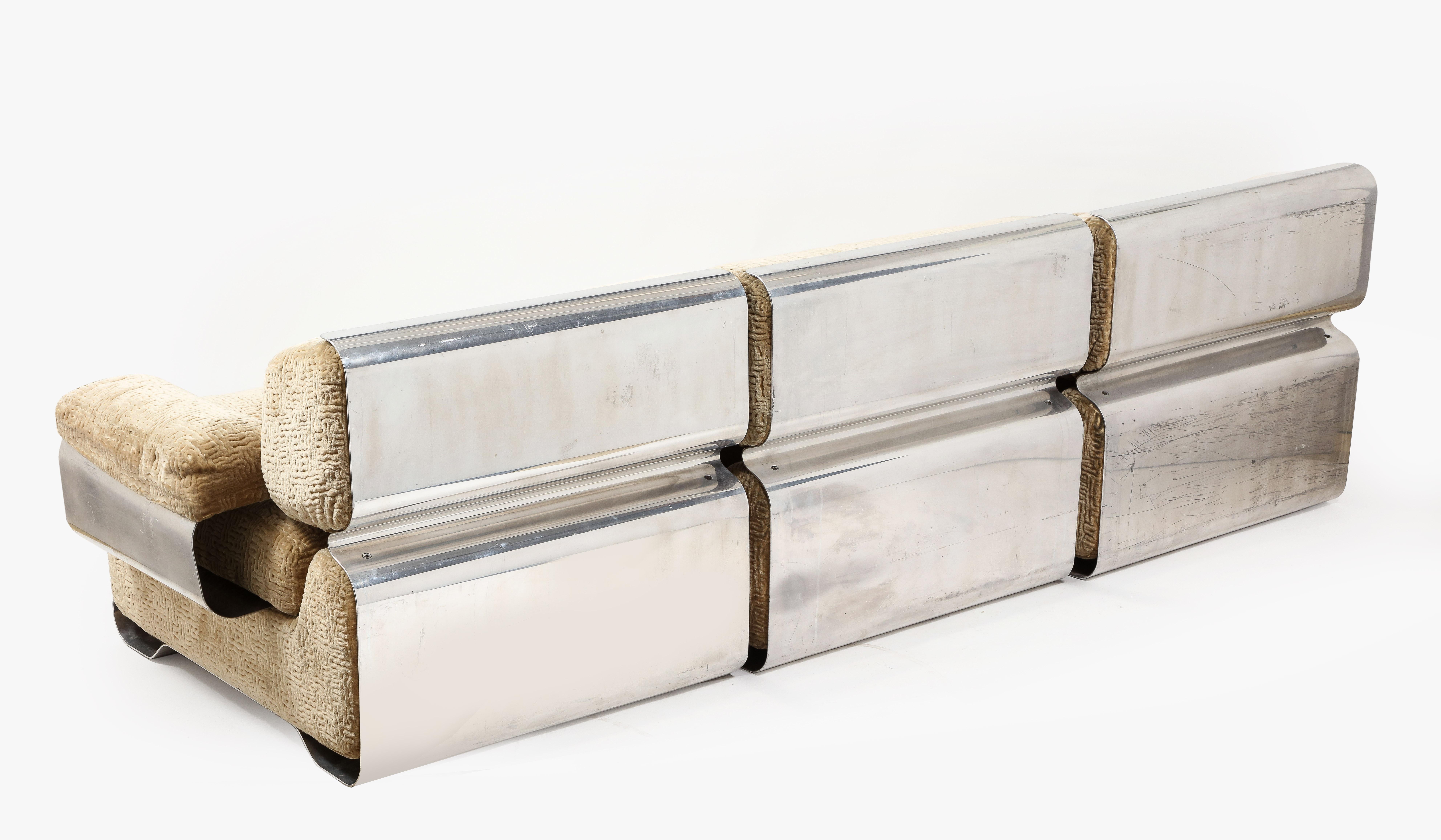 Gian Pietro Arosio, Three Aluminum & Velvet Armchairs Forming Sofa, Italy 1970's For Sale 5